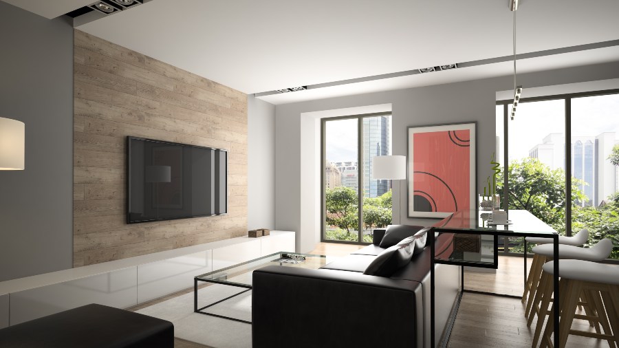 diseño interior moderno sala tv estancia vista